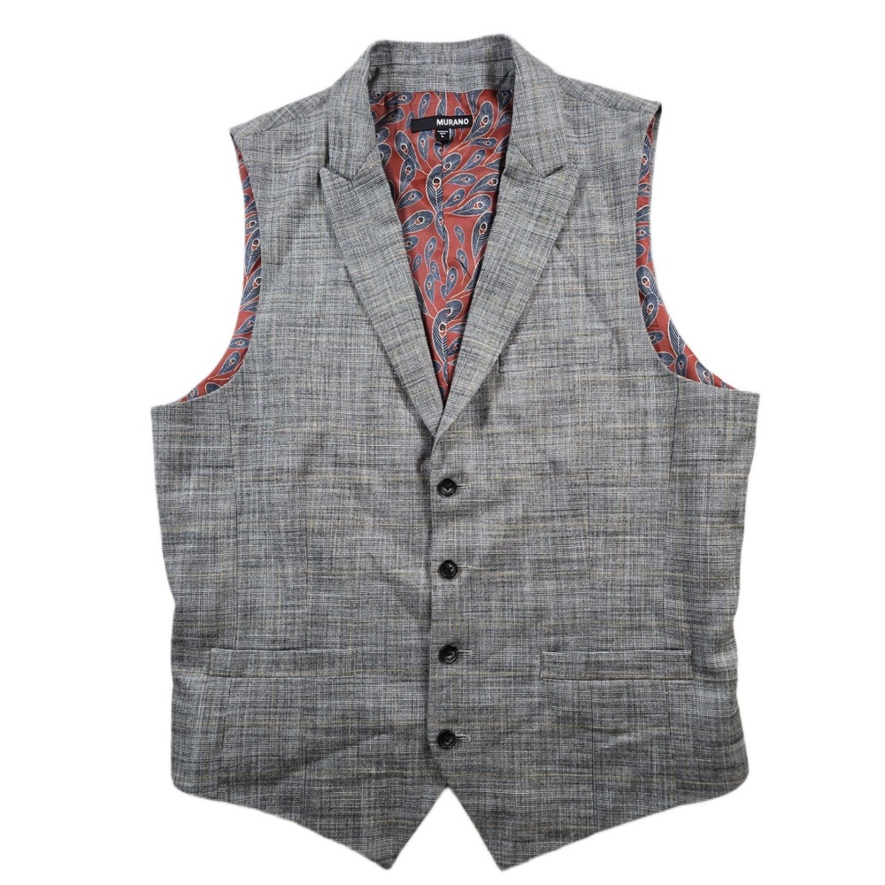 Murano Suit Vest‎ Mens Large Grey Plaid Notched Lapel Stretch Waistcoat